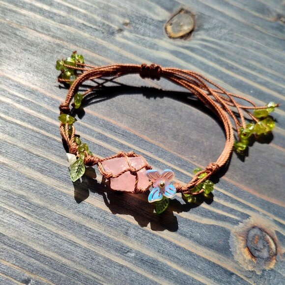 Boho Rose Quartz Garden Bracelet Adjustable Macrame with Pink Crystal Center - Picture 5 of 5